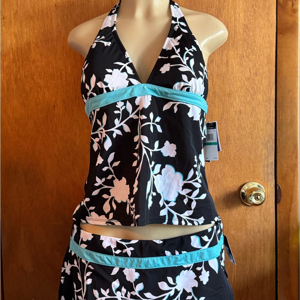 Jantzen Black and White Floral Swim Set with Blue Accents